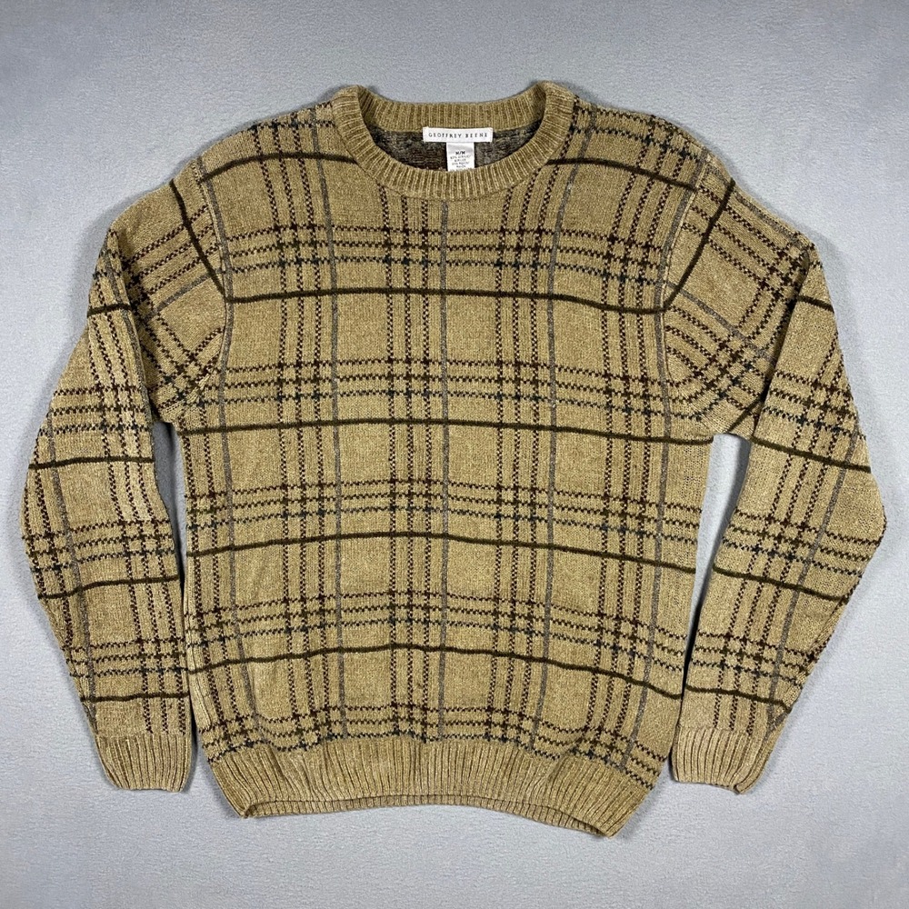 Vintage Geoffrey Beene Sweater Mens Medium Tan‎ Plaid Crewneck Long Sleeve Knit